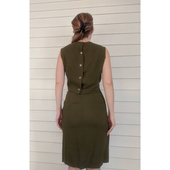 60s Green Linen Skirt Set Short Neutral Embroidered Jacket Vintage XS 34 23 34 - Picture 4 of 10